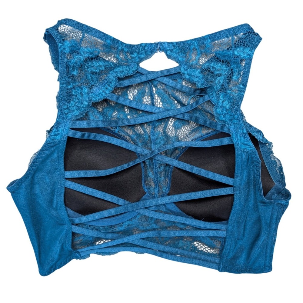 32B La Senza teal blue high-neck bralette lace detailing strappy back design - Picture 2 of 4